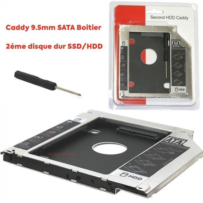 Adaptateur Caddy 9.5 mm SATA – Boîtier 2ème Disque Dur SSD / HDD pour PC Portable