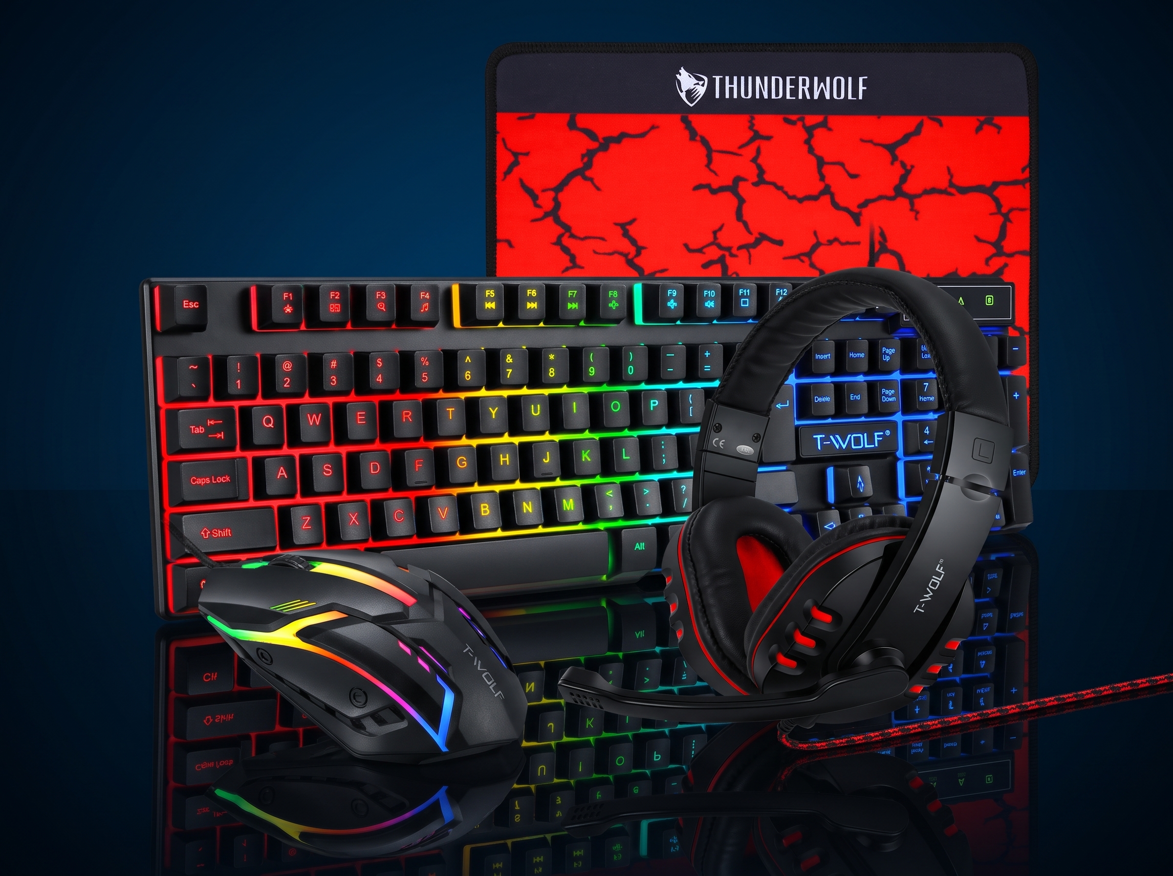Pack Gaming 4-en-1 T-WOLF TF800 (THUNDERWOLF) – Ensemble Clavier Rétroéclairé, Souris RGB, Casque avec Micro & Tapis de Souris